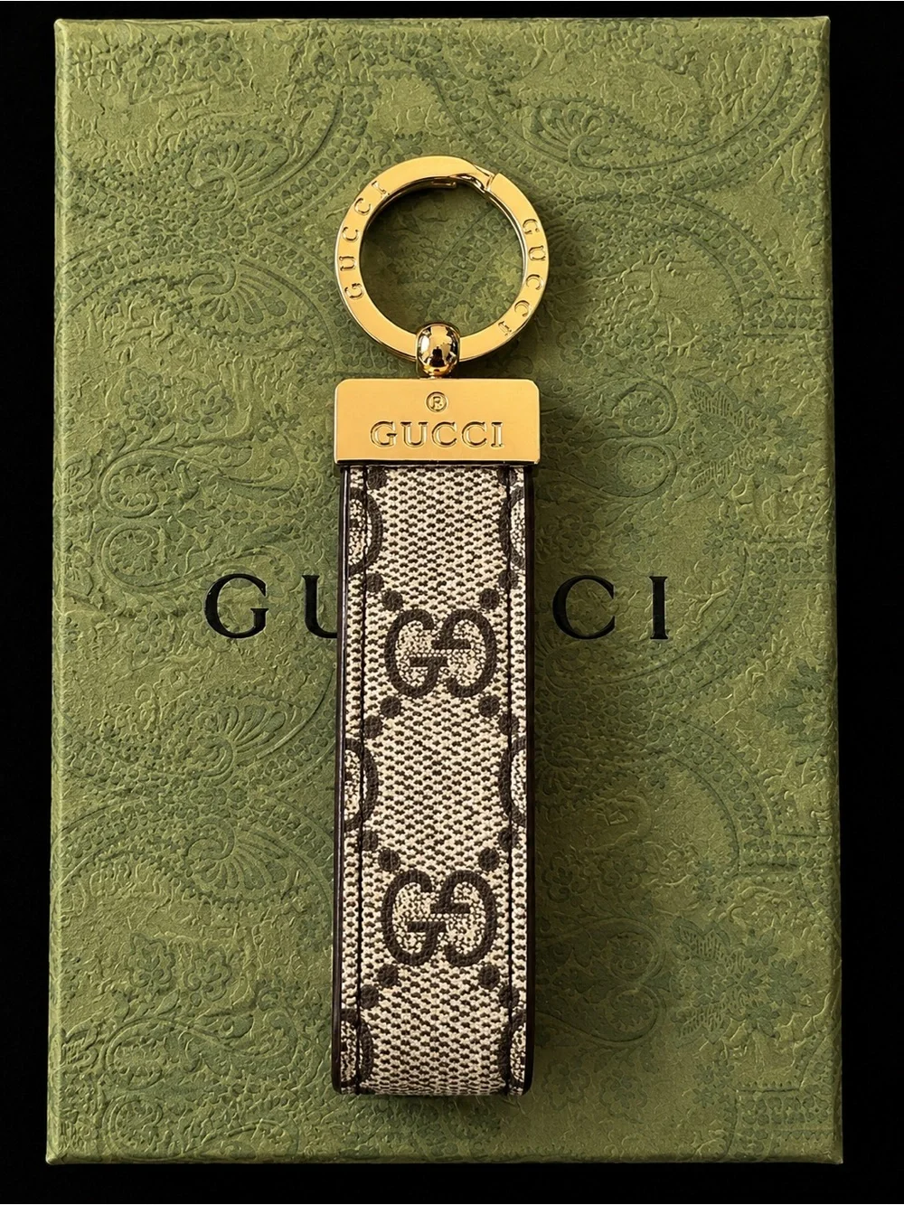 IN BOX Gucci Brown & Beige GG Canvas Gold-Tone Keyring